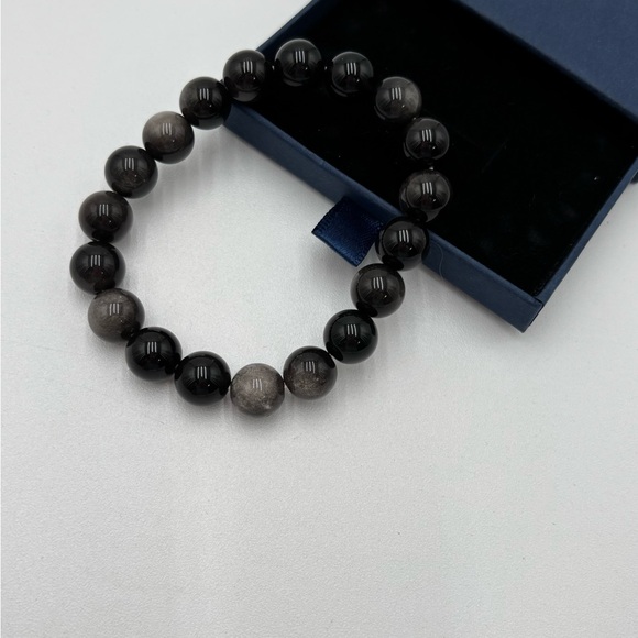 Natural Gemstone Round Bead Bracelet – Healing Silver Obsidian for Women & Men - Picture 2 of 3